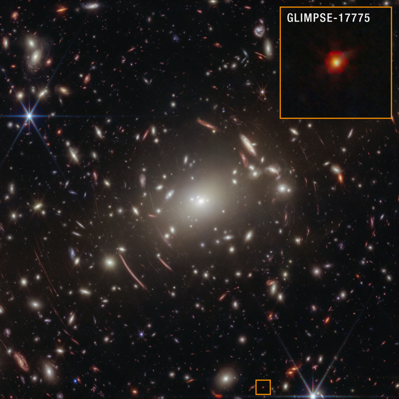 Ammasso Abell S1063 con il puntino rosso GLIMPSE-17775 osservato da James Webb